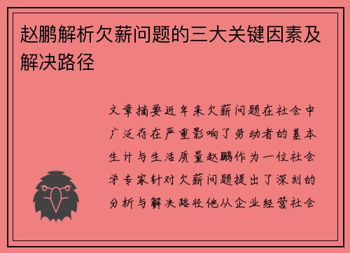 赵鹏解析欠薪问题的三大关键因素及解决路径