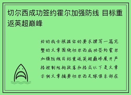 切尔西成功签约霍尔加强防线 目标重返英超巅峰